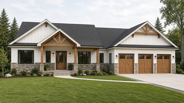 Rendering of a Split Rock custom craftsman home with stone wainscot and timber gables