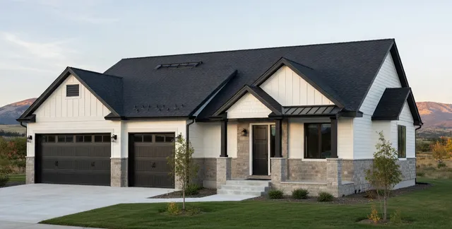 Rendering of a Split Rock spec home, Ridge plan, front elevation