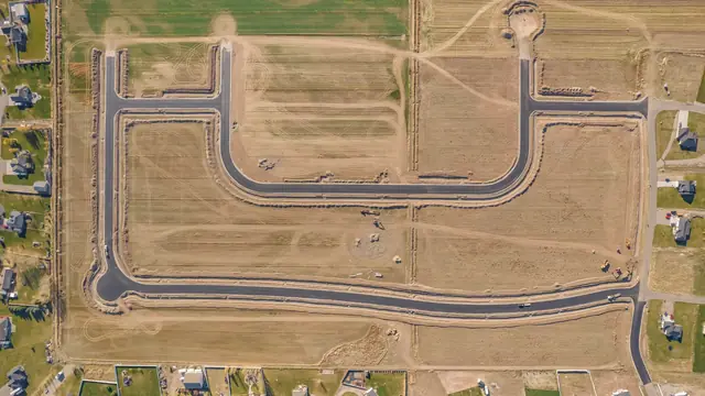 Top-down aerial of paved roads and lot layout at Teton Heights