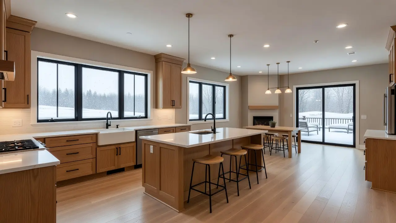 Design rendering of the spec home kitchen and great room