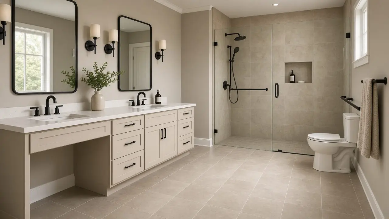 Design rendering of a roll-in, curb-free shower