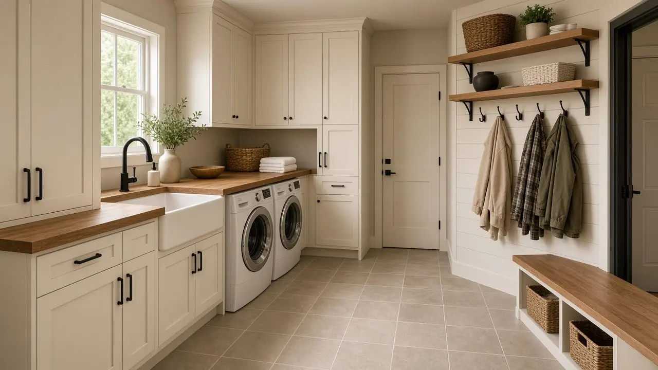 Design rendering of the custom ranch laundry and mudroom