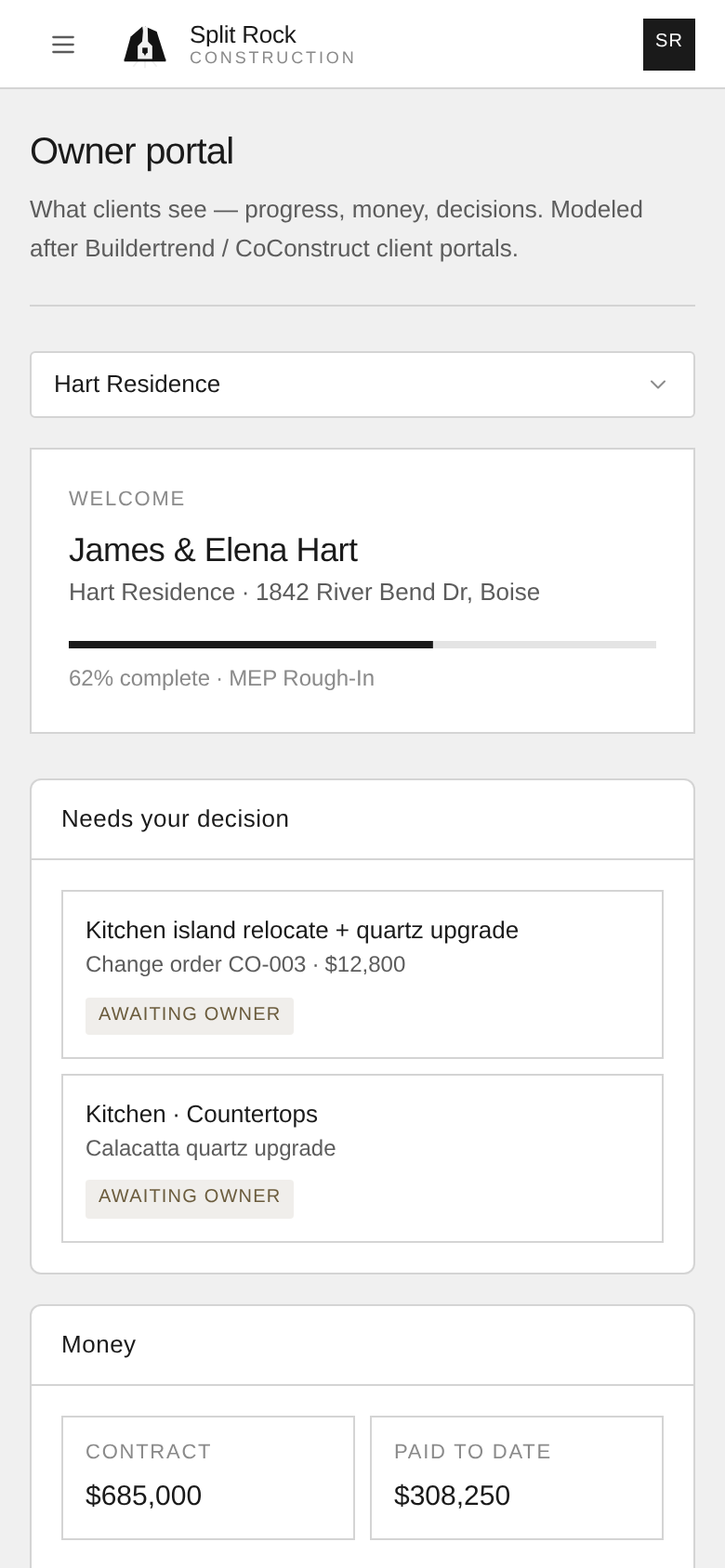 Anonymized owner portal home screen preview