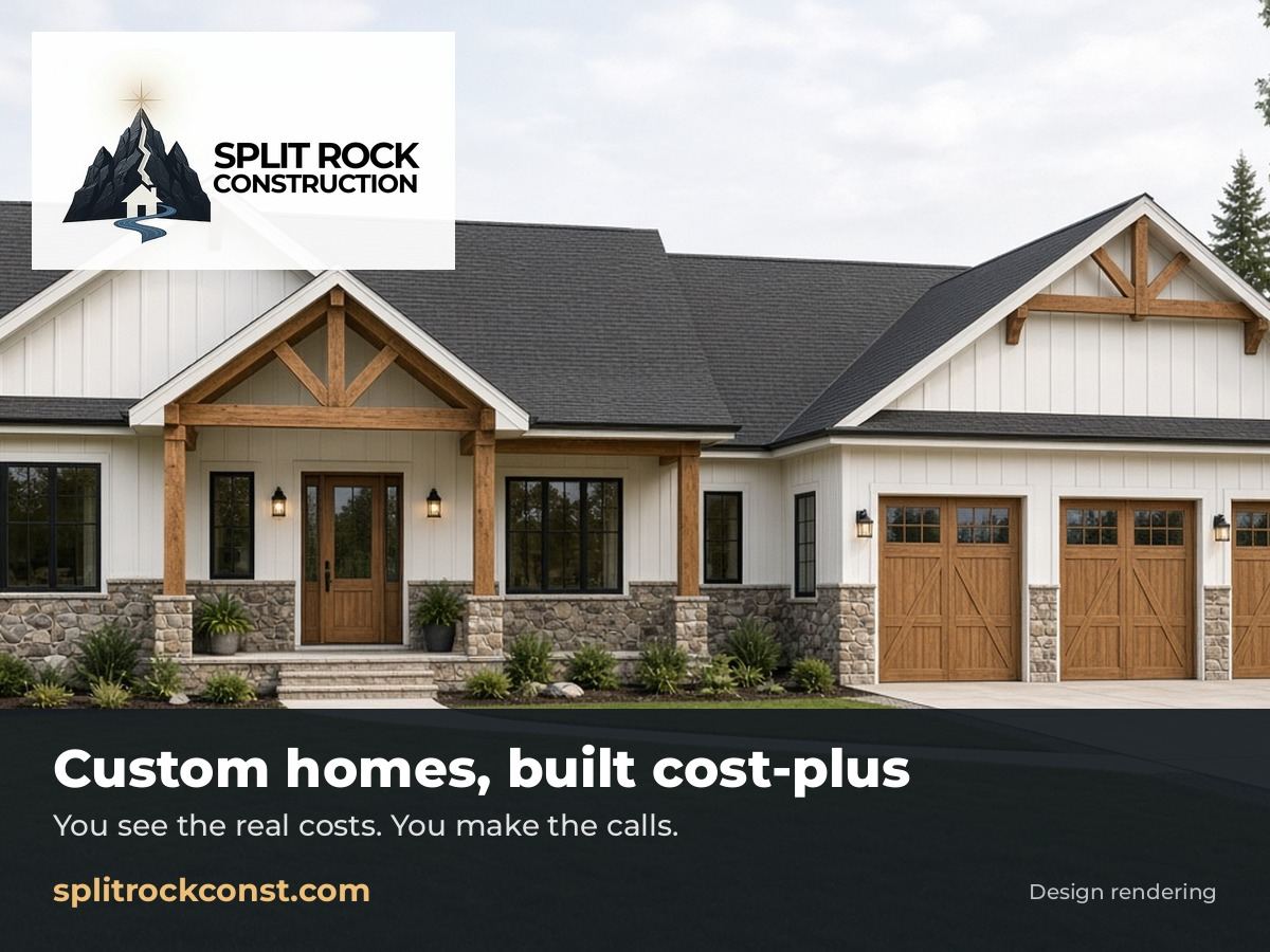 Design concept rendering of a Split Rock Construction custom farmhouse with timber-frame gables, a stone base and a three-car garage